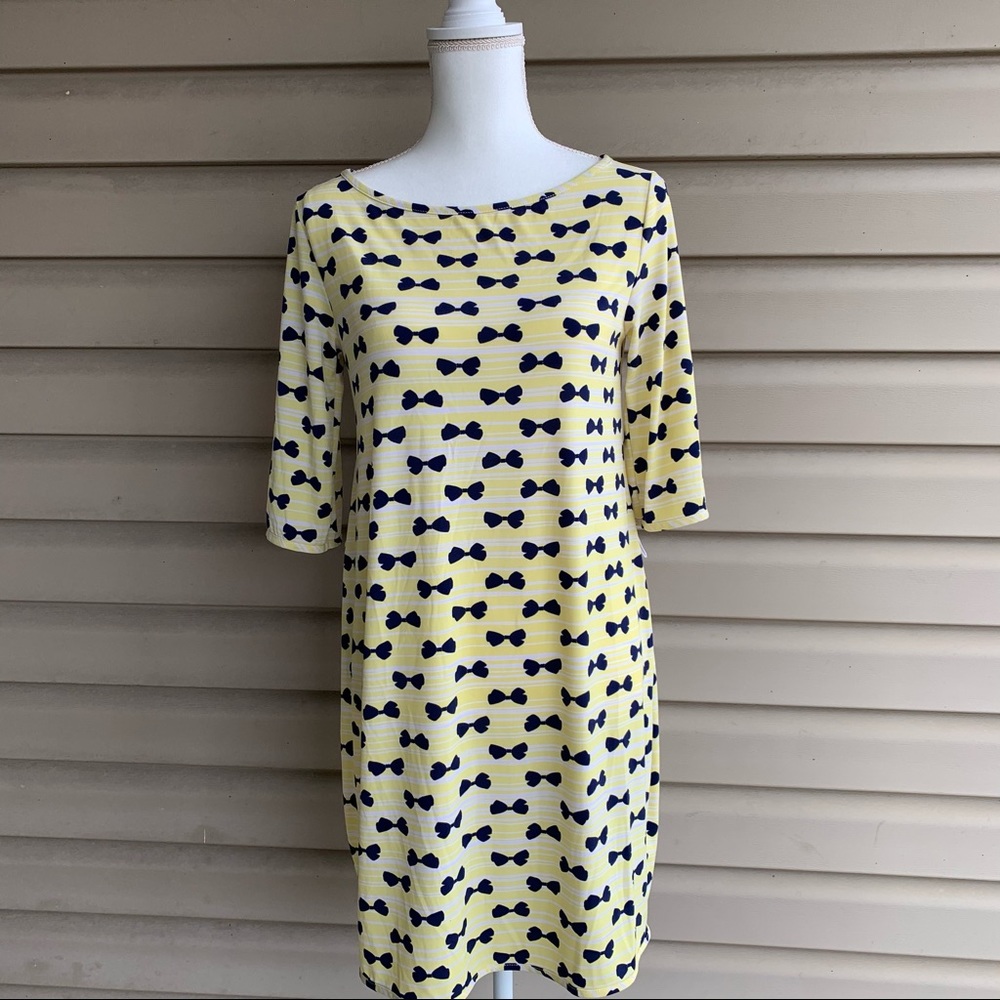 •Leota• Yellow/Navy Bow Patterned Shift Dress-Sm.